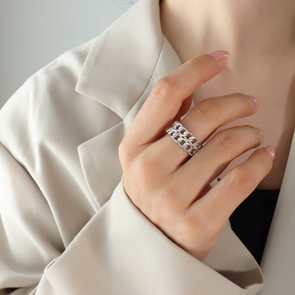 Silver Chain Link Ring*Braided Net Minimalist Chunky Open Ring*Waterproof MLR016